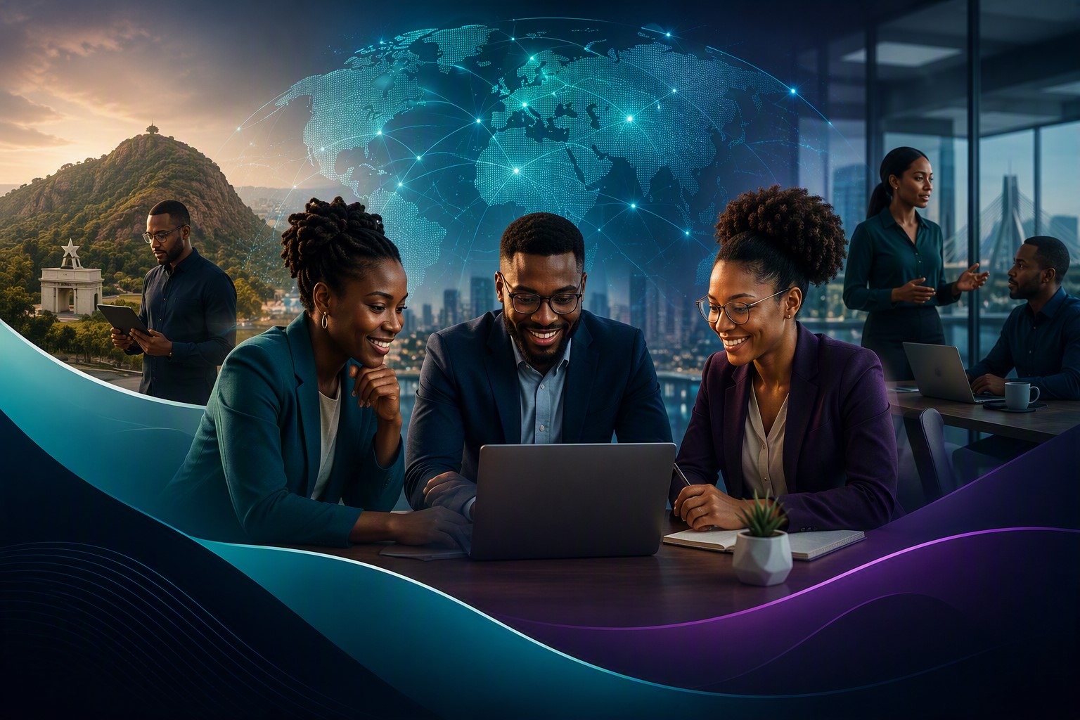 A team smiling at a laptop, with a glowing world map behind them